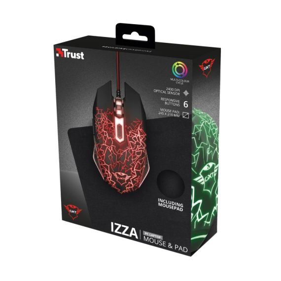 TRUST GXT 783 IZZA GAMING MOUSE & MOUSE PAD (245X210), FULLY ILLUMINATED TOP, RUBBERIZED TOP COVER FOR A FIRM GRIP,  800 - 2400 DPI, 6 BUTTON, USB, BLACK