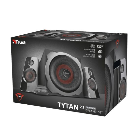 TRUST GAMING GXT 38 TYTAN 2.1 ULTIMATE BASS SPEAKER SET, WOODEN SUBWOOFER FOR RICH AND POWERFUL SOUND, 120W  - BLACK
