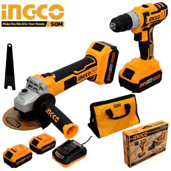 НАБОР АККУМУЛЯТОРНЫЙ ШУРУПОВЕРТ + УГЛОШЛИФОВАЛЬНАЯ МАШИНА С 2 АКБ 20V 4AH INGCO CKLI2009