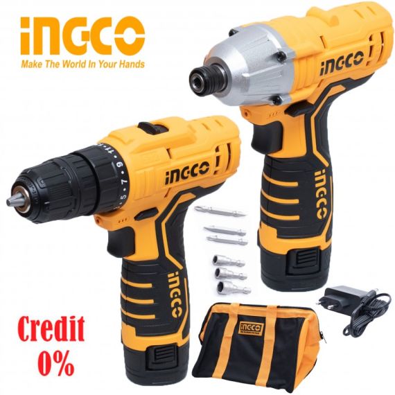 НАБОР ШУРУПОВЁРТ+ ВИНТОВЁРТ УДАРНЫЙ INGCO CKLI1201 LI-ION 12V/2*1.5A