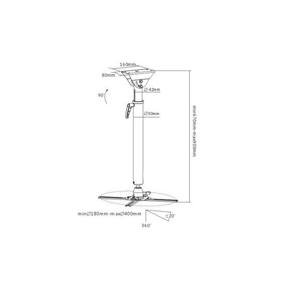 UNIVERSAL CEILING PROJECTOR MOUNT BRATECK PRB-16-01M, 30 KG, MOUNTING RANGE: 180-400MM, TILT: -20°~+20°, SWIVEL: -20°~+20°, ROTATE: 360°, PROFILE: 670-900MM, ADJUSTABLE LENGTH: 670-900MM