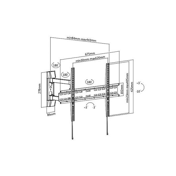 LCD/TV FULL MOTION WALL MOUNT BRATECK KLA28-463, MAX VESA 600X400, SCREEN 37"-70" LOAD 35 KG, PROFILE 84-443MM, TILT +3°~-10°, SWIVEL +90°~-90°, LEVEL +3°~-3°,