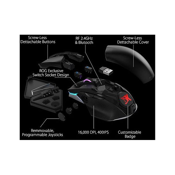 ASUS ROG CHAKRAM RGB WIRELESS GAMING MOUSE, QI CHARGING, PROGRAMMABLE JOYSTICK, WIRED/2.4GHZ/BLUETOOTH, 16000 DPI SENSOR, AURA SYNC LIGHTING