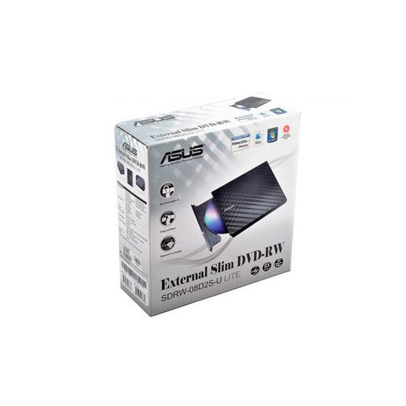 ВНЕШНИЕ ОПТИЧЕСКИЙ ПРИВОД ASUS SDRW-08D2S-U LITE BLACK EXTERNAL SLIM DVD+-R/RW DRIVE, 8X DVD+-R/8X DVD+-R DL/5X DVD-RAM/24XCDR/ 24XCDRW /8XDVD/24XCD, USB 2.0