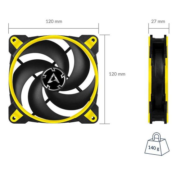 CASE/CPU FAN ARCTIC BIONIX P120 YELLOW, PRESSURE-OPTIMISED GAMING FAN WITH PWM PST, 120X120X27 MM, 4-PIN-CONNECTOR + 4-PIN-SOCKET, 200-2100RPM, NOISE 0.45 SONE, 67.56 CFM / 114.9 M3/H