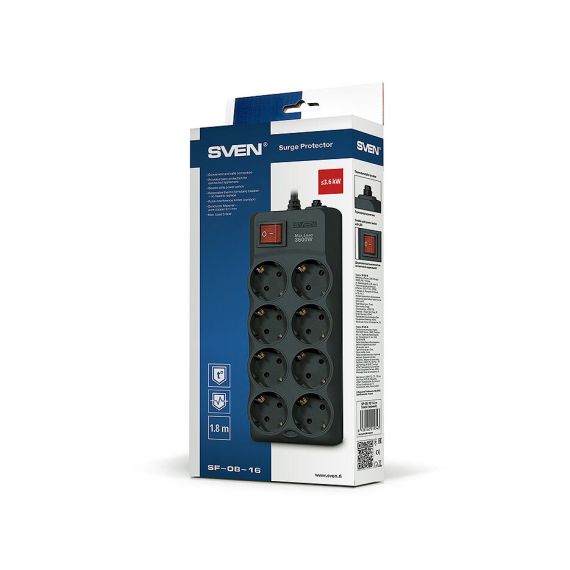 ФИЛЬТР ИМПУЛЬСНЫХ ПОМЕХ SVEN SF-08-16, 8 SOCKETS, 1.8M (PRIZA CU PROTECTIE - PRELUNGITOR/BASIC SURGE PROTECTION)