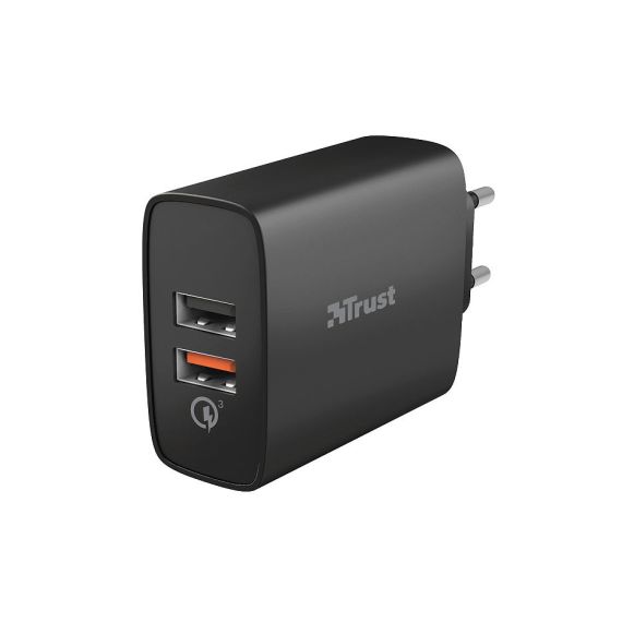 TRUST QMAX 30W ULTRA-FAST DUAL USB WALL CHARGER WITH QC3.0, FAST-CHARGE AT MAXIMUM SPEED WITH UP TO 12W POWER OR ULTRA-FAST CHARGE WITH UP TO 18W POWER WITH QUICKCHARGE 3.0, TOTAL OUTPUT POWER