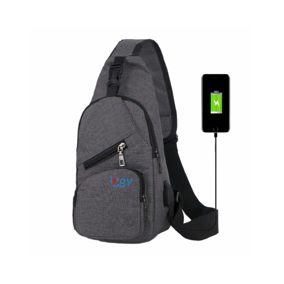 RUCSAC SLING IGGY, POLYESTER,1 BRETEA, 1 COMPARTIMENT PRINCIPAL, 2 COMPARTIMENTE FRONTALE, 32X16X6.9CM, MUFA USB INCARCARE+CABLU, GRI,"IGSL-SLING-GY"