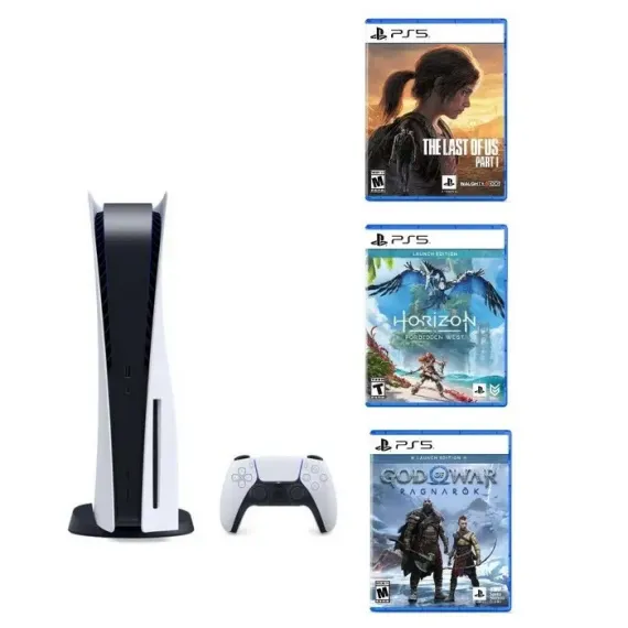 CONSOLA DE JOCURI SONY PS5, ALB, "GOW RAGNAROK"(VOUCHER), "HORIZON II", "LAST OF US RMK"
