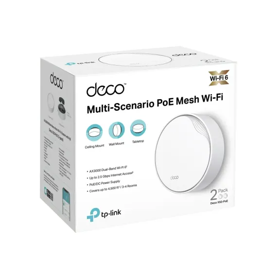 WHOLE-HOME MESH DUAL BAND WI-FI 6 SYSTEM TP-LINK, "DECO X50-POE(2-PACK)", 3000MBPS, MU-MIMO, 2.5GBPS