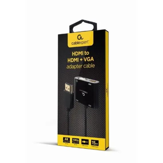 ADAPTOR CABLEXPERT A-HDMIM-HDMIFVGAF-01, HDMI (M) - HDMI (F) + VGA, 0.15 M, NEGRU