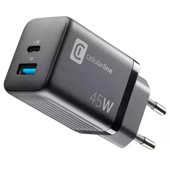 INCARCATOR CELLULARLINE WALL CHARGER GAN, 2 PORTS, 45W, 45W, NEGRU