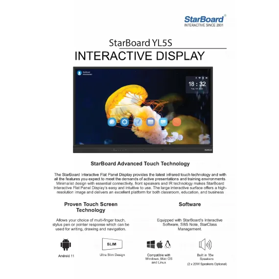 INTERACTIVE DISPLAY STARBOARD IFPD-YL5-86AOC: 86", 4K, TOUCH, ANDROID 11