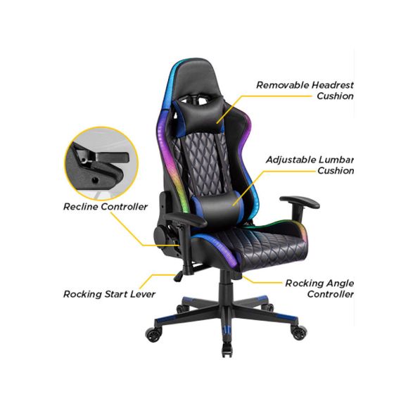 ИГРОВОЕ КРЕСЛО LUMI GAMING CHAIR CH06-30 WITH HEADREST & LUMBAR SUPPORT & RGB LIGHTS, BLACK, PVC LEATHER, 2D ARMREST, STEEL FRAME, 350MM NYLON PLASTIC BASE, NYLON CASTER, 80MM CLASS 4 GAS LIFT, WEIGHT CAPACITY 150 KG