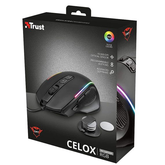 МЫШЬ ИГРОВАЯ TRUST GAMING GXT 165 CELOX RGB MOUSE, 200 - 10000 DPI, 8 PROGRAMMABLE BUTTON, RGB LIGHTING, ADJUSTABLE WEIGHT, 1,8 M USB, BLACK