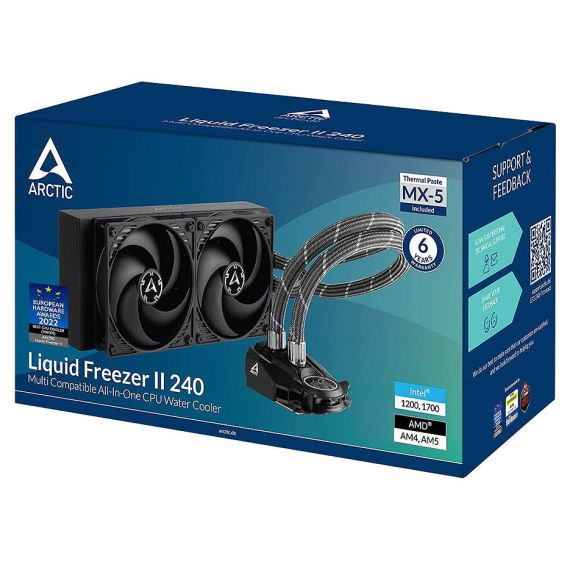 ARCTIC LIQUID FREEZER II 240 MULTI COMPATIBLE ALL-IN-ONE CPU WATER COOLER, INTEL 1700, 1200, 115X, 2011-3, 2066, AMD AM5, AM4, VRM FAN: 40MM 1000-3000RPM, PUMP: 800-2000RPM, 2X120MM FAN 200-1800RPM, FLUID DYNAMIC BEARING, ACFRE00046B