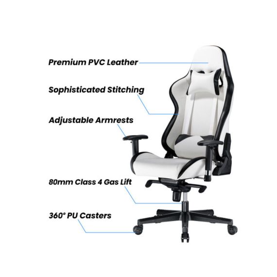 ИГРОВОЕ КРЕСЛО LUMI PREMIUM GAMING CHAIR CH06-36 WITH HEADREST & LUMBAR SUPPORT , BLACK/WHITE, PVC LEATHER, 2D ARMREST, STEEL FRAME, 350MM NYLON PLASTIC BASE, PU CASTER, 80MM CLASS 4 GAS LIFT, WEIGHT CAPACITY 180 KG