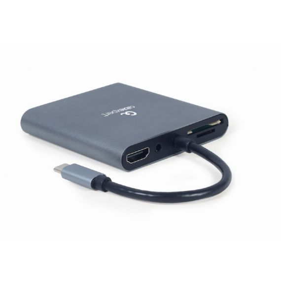 АДАПТЕР 6-IN-1 GEMBIRD A-CM-COMBO6-01 / USB3 PORT, 4K HDMI AND FULL HD VGA VIDEO, STEREO AUDIO, CARD READER AND USB TYPE-C PD CHARGE SUPPORT