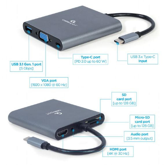 АДАПТЕР 6-IN-1 GEMBIRD A-CM-COMBO6-01 / USB3 PORT, 4K HDMI AND FULL HD VGA VIDEO, STEREO AUDIO, CARD READER AND USB TYPE-C PD CHARGE SUPPORT