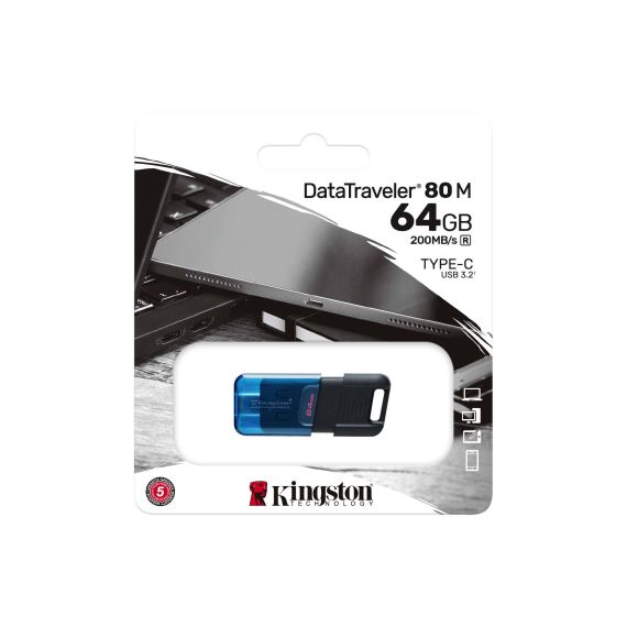 ФЛЕШ-НАКОПИТЕЛЬ USB-С3.2 KINGSTON DATATRAVELER 80M 64ГБ, BLACK/BLUE