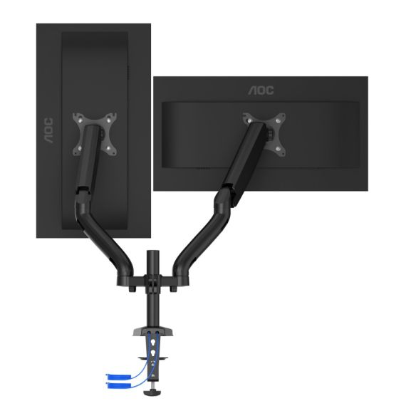 ARM FOR 2 MONITORS 13"-31.5" -  AOC AD110DX WITH INTEGRATED USB HUB, BLACK, USB HUB: USB-C + USB3.0, DESK CLAMP/GROMMET, ALUMINUM STRUCTURE, GAS SPRING, HEIGHT ADJUSTMENT, MAX.LOAD: 2-9KG, TILT: '-90°~+85°, SWIVEL:180°, ROTATION: 360°, HIDDEN CABLE MANAGE