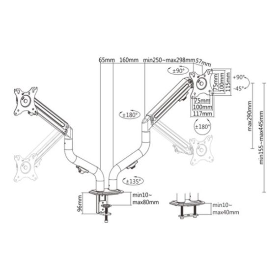 ARM FOR 2 MONITORS 17"-32" - GEMBIRD MA-DA2-02, STEEL (1.35 MM), GAS SPRING 2-8 KG, VESA 75/100, ARM ROTATES, EXTENDS AND RETRACTS, TILTS TO CHANGE READING ANGLES, AND ALLOWS TO ROTATE DISPLAY FROM LANDSCAPE-TO-PORTRAIT MODE