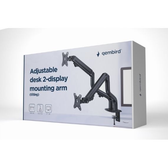 ARM FOR 2 MONITORS 17"-32" - GEMBIRD MA-DA2-02, STEEL (1.35 MM), GAS SPRING 2-8 KG, VESA 75/100, ARM ROTATES, EXTENDS AND RETRACTS, TILTS TO CHANGE READING ANGLES, AND ALLOWS TO ROTATE DISPLAY FROM LANDSCAPE-TO-PORTRAIT MODE