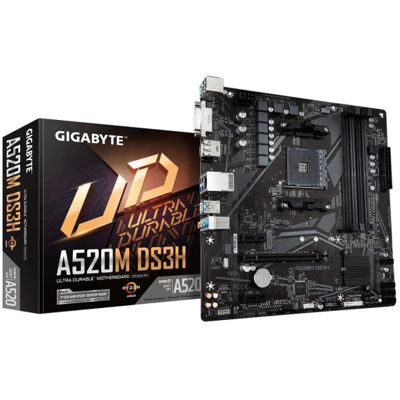 GIGABYTE GA-A520M-DS3H, SOCKET AM4, AMD A520, DUAL 4XDDR4-4733, APU AMD GRAPHICS, DVI, HDMI, DP, 1XPCIE X16, 4XSATA3, RAID, 1XM.2, 2XPCIE X1, ALC887 HDA, GBE LAN, 6XUSB3.2, RGB FUSION 2.0, MATX