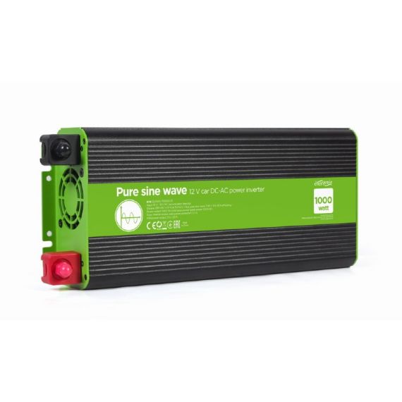 ENERGENIE EG-PWC-PS1000-01, 12 V PURE SINE WAVE CAR DC-AC POWER INVERTER, 1000 W, WITH USB PORT / 5V-2.1A,  INPUT: 10-16 VDC (ACCUMULATOR DIRECTLY) - OUTPUT: 230 VAC +/- 10% AT 50 HZ (+/-1HZ), PURE SINE WAVE, THD < 3%, 90% EFFICIENCY