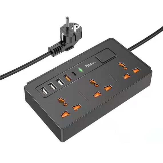 МНОГОГНЕЗДОВОЕ УДЛИНИТЕЛЬНОЕ ЗАРЯДНОЕ УСТРОЙСТВО «ДВА В ОДНОМ» HOCO DC15 / 4 X USB + USB-C / 30W / BLACK