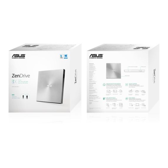 EXTERNAL DVDRW DRIVE ASUS ZENDRIVE U9M, PORTABLE ULTRA-SLIM -13MM, SUPER-MULTI DVDR+8X/-8X, RW+8X/-6X, DL+6X/-6X, M-DISC, INCLUDES TWO CABLES FOR USB TYPE-C AND TYPE-A, USB2.0 (USB-C/USB-A), SILVER, RETAIL