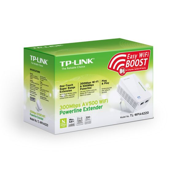 TP-LINK TL-WPA4220  N300 AV500 POWERLINE ADAPTER, COMPACT SIZE, 300MBPS POWERLINE DATARATE, 1 LAN PORT, POWER SOCKET, HOMEPLUG AV, GREEN POWERLINE,  PLUG AND PLAY, PAIR BUTTON, RANGE 300 METERS IN HOUSE