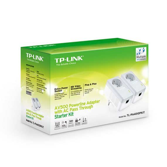 TP-LINK  TL-PA4010P KIT, AV500 POWERLINE ADAPTER STARTER KIT WITH AC PASSTHROUGH, COMPACT SIZE, 500MBPS POWERLINE DATARATE, 1 LAN PORT, POWER SOCKET, HOMEPLUG AV, GREEN POWERLINE,  PLUG AND PLAY, PAIR BUTTON, RANGE 300 METERS IN HOUSE