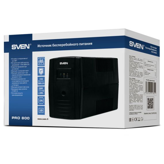 SVEN PRO 800, LINE-INTERACTIVE UPS WITH AVR, 800VA /480W, 2X SCHUKO OUTLETS, 1X9AH, AVR: 165-275V, COLD START FUNCTION, BLACK