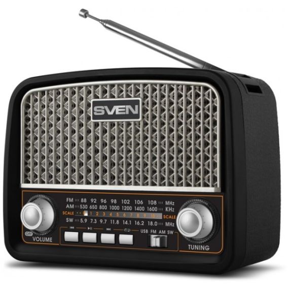 SVEN SRP-555 BLACK-SILVER, FM/AM/SW RADIO, 3W RMS, BUILT-IN AUDIO FILES PLAYER FROM USB-FASH, MICROSD AND SD CARD STORAGE DEVICES, TELESCOPIC SWIVEL ANTENNA, HEADPHONES JACK ,BUILT-IN BATTERY