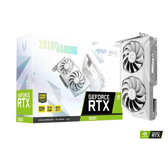 ZOTAC GEFORCE RTX 3060 AMP WHITE EDITION  12GB GDDR6, 192BIT, 1867/15000MHZ, AMPERE, PCIEX16 4.0, DUAL FAN / ICESTORM 2.0, 1XHDMI, 3XDISPLAYPORT, ACTIVE FAN CONTROL/ FREEZE FAN STOP, COOPER HEAT PIPES, WHITE LED LOGO, METAL BACKPLATE, 2X 8-PIN, MEDIUM PAC