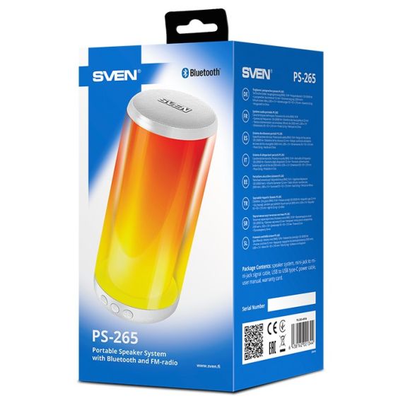 BLUETOOTH ПОРТАТИВНЫЕ КОЛОНКИ SVEN PS-265 WHITE / 10W RMS / TWS / RGB 12 LIGHTING MODES WITH NIGHT LIGHT / FM TUNER / USB & MICROSD / WHITE