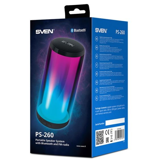 BLUETOOTH ПОРТАТИВНЫЕ КОЛОНКИ SVEN PS-260 / 10W RMS / TWS / RGB 12 LIGHTING MODES WITH NIGHT LIGHT / FM TUNER / USB & MICROSD / BLACK