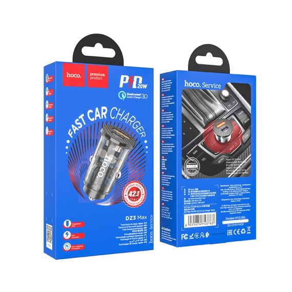 USB АВТОМОБИЛЬНОЕ ЗАРЯДНОЕ УСТРОЙСТВО HOCO DZ3 MAX / 1 X USB + 1 X USB-C / 42W / UP TO PD3.0 / QC3.0 / TRANSPARENT