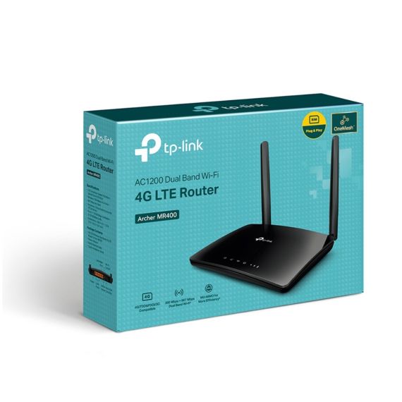 WI-FI РОУТЕР TP-LINK ARCHER MR400 / AC1200 DUAL BAND / 4G LTE / WI-FI5 / GIGABIT / 1WAN+3LAN / 3 WIFI INTERNAL / 2 LTE DETACHABLE ANTENNAS