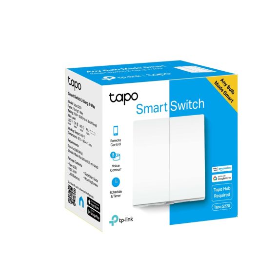 УМНЫЙ ВЫКЛЮЧАТЕЛЬ TP-LINK TAPO S220, WHITE / УМНЫЙ 2-КЛАВИШНЫЙ, 1-ПОЗИЦИОННЫЙ ВЫКЛЮЧАТЕЛЬ