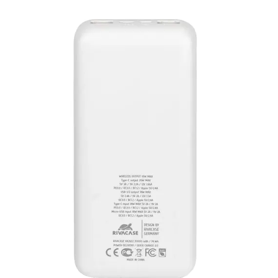 ПОРТАТИВНОЕ ЗАРЯДНОЕ УСТРОЙСТВО RIVACASE VA2602, 20000 МА·Ч, БЕЛЫЙ