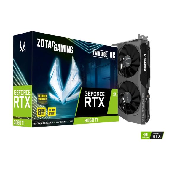 ZOTAC GEFORCE RTX 3060 TI TWIN EDGE OC LHR 8GB GDDR6, 256BIT, 1695/14000MHZ, AMPERE, PCIEX16 4.0, DUAL FAN / ICESTORM 2.0, 1XHDMI, 3XDISPLAYPORT, ACTIVE FAN CONTROL/ FREEZE FAN STOP, WHITE LED LIGHTNING, FIRESTORM, METAL BACKPLATE, MEDIUM PACK