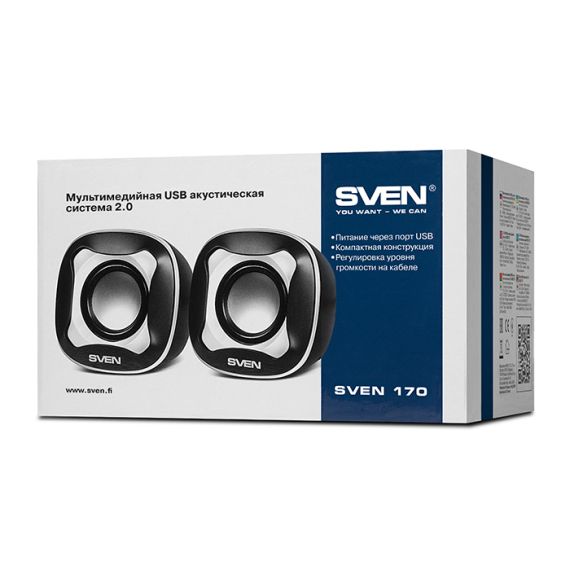 КОЛОНКИ SVEN 170 / 2.0 / 5W RMS / USB POWER SUPPLY / VOLUME CONTROL ON THE CABLE / BLACK-WHITE