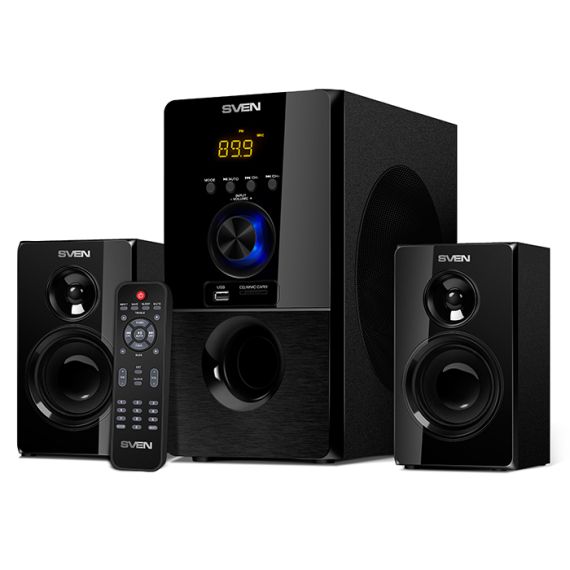 SVEN MS-2050 BLACK,  2.1 / 30W + 2X12.5W RMS, BLUETOOTH, FM-TUNER, USB & SD CARD INPUT, DIGITAL LED DISPLAY, BUILT-IN CLOCK, SET THE SWITCH-OFF TIME, REMOTE CONTROL, ALL WOODEN