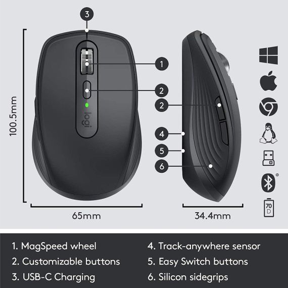 МЫШЬ БЕСПРОВОДНАЯ LOGITECH WIRELESS MOUSE MX ANYWHERE 3S GRAPHITE, 6 B