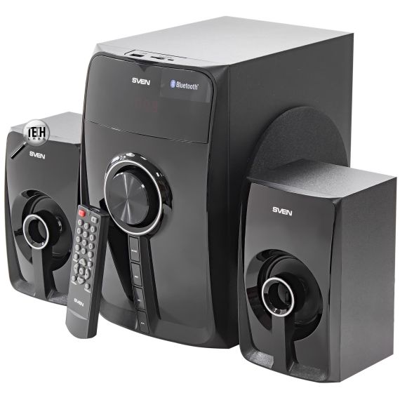 SVEN MS-307 BLACK,  2.1 / 20W + 2X10W RMS,  BLUETOOTH V. 2.1 +EDR, DIGITAL LED DISPLAY, FM-TUNER,  USB FLASH, SD CARD, REMOTE CONTROL, HEADPHONE INPUT, GLOSSY BLACK FRONT PANELS, WOODEN.