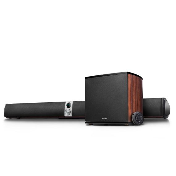 EDIFIER S70DB HI-RES SOUNDBAR AND SUBWOOFER 158W RMS,  AUDIO IN: TWO ANALOG (RCA), OPTICAL, COAXIAL, AUX, REMOTE CONTROL, WOODEN