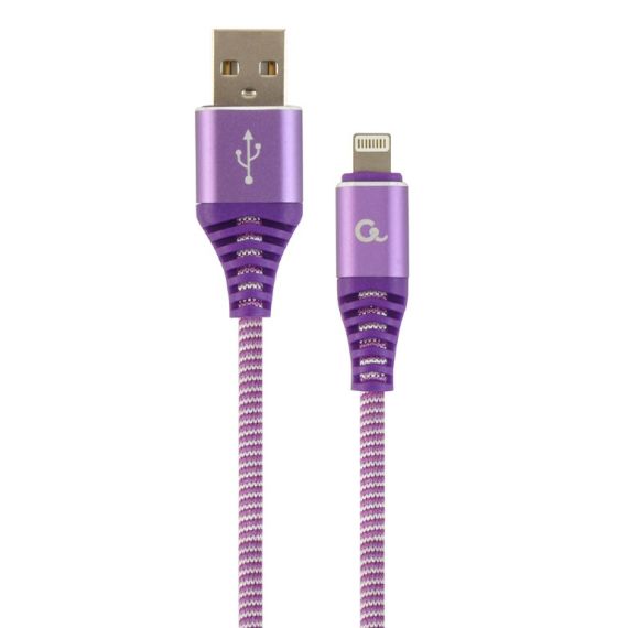 CABLE USB2.0/8-PIN (LIGHTNING) PREMIUM COTTON BRAIDED - 2M - CABLEXPERT CC-USB2B-AMLM-2M-PW, PURPLE/WHITE, USB 2.0 A-PLUG TO 8-PIN, BLISTER