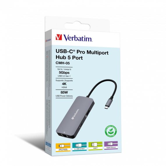 МНОГОПОРТОВЫЙ АДАПТЕР VERBATIM CMH-05/ USB-C/ 2XUSB-A/ 1XUSB-C (PD 100W)/ HDMI/ RJ45